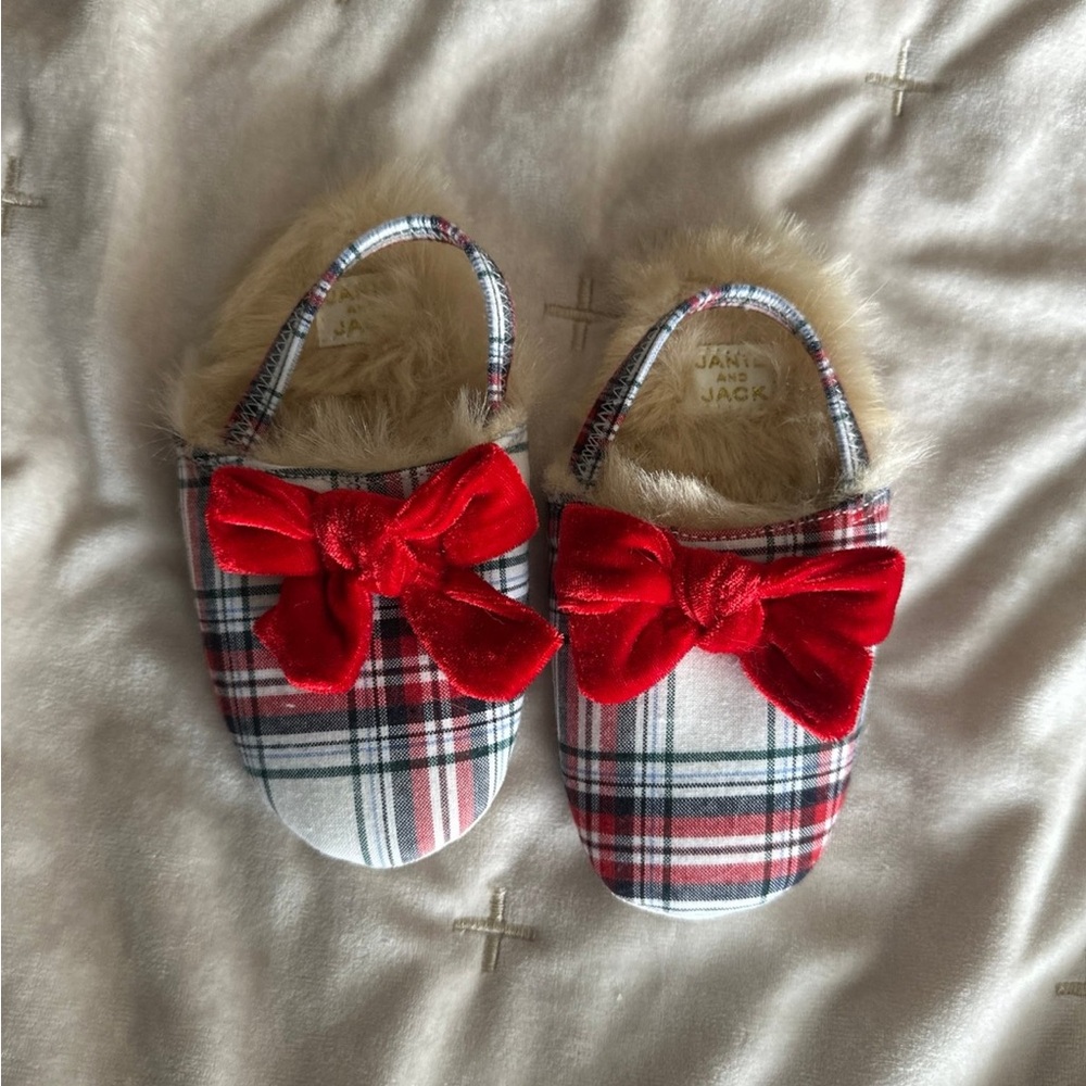 Janie and Jack Red Plaid Slippers with Bow size 7T